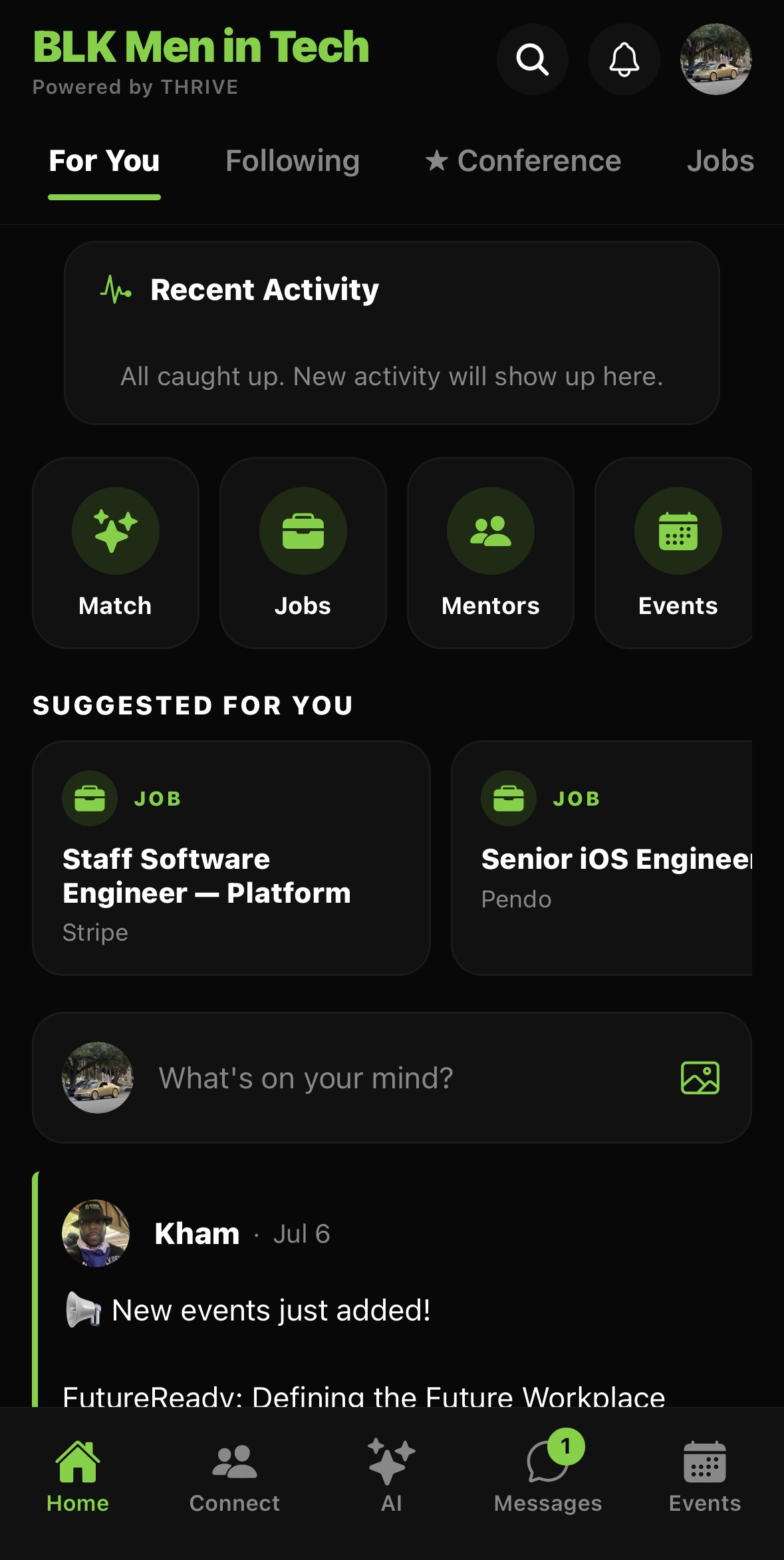 THRIVE community feed with jobs, mentors, and events